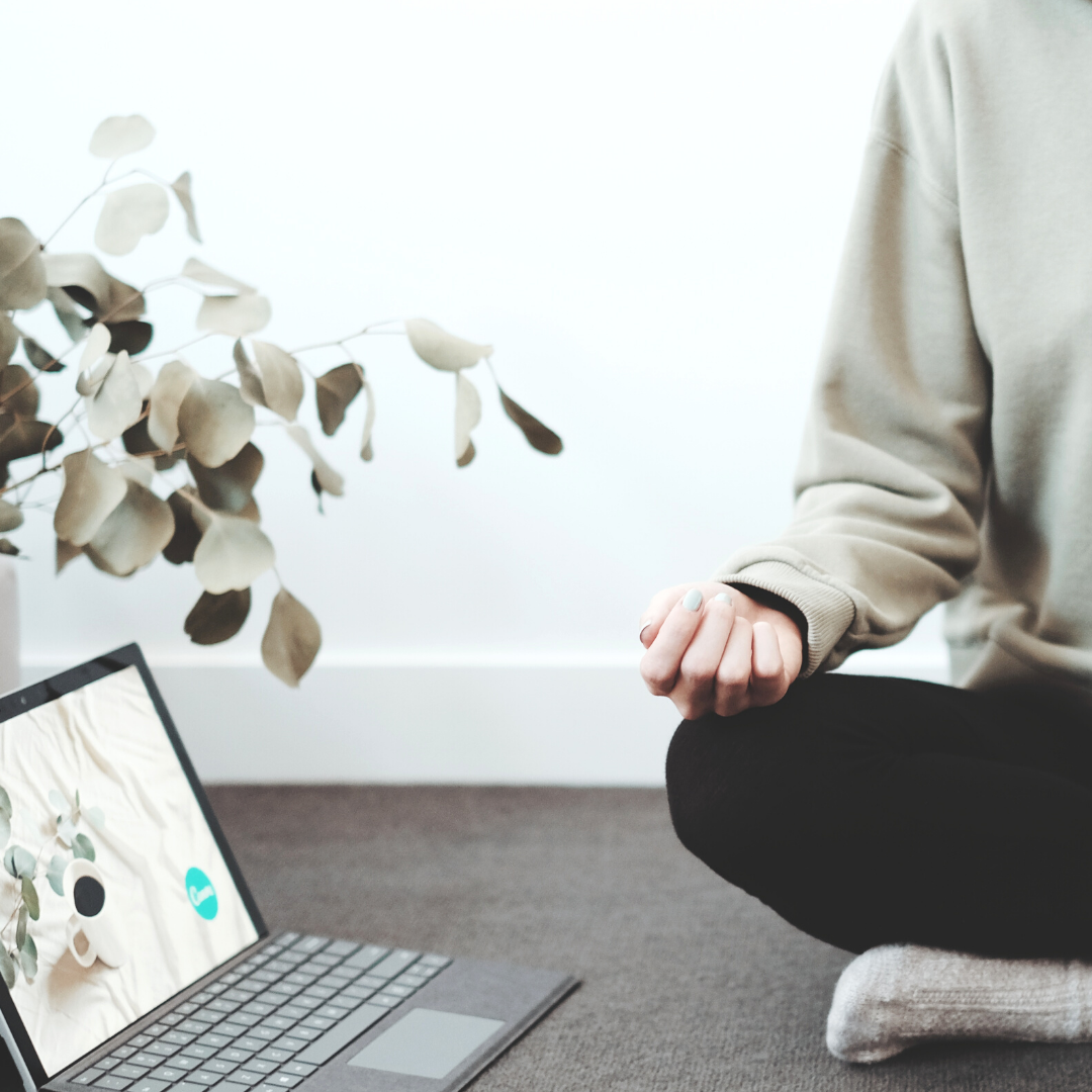 person meditating on the ground next to a laptop with a plant in the background