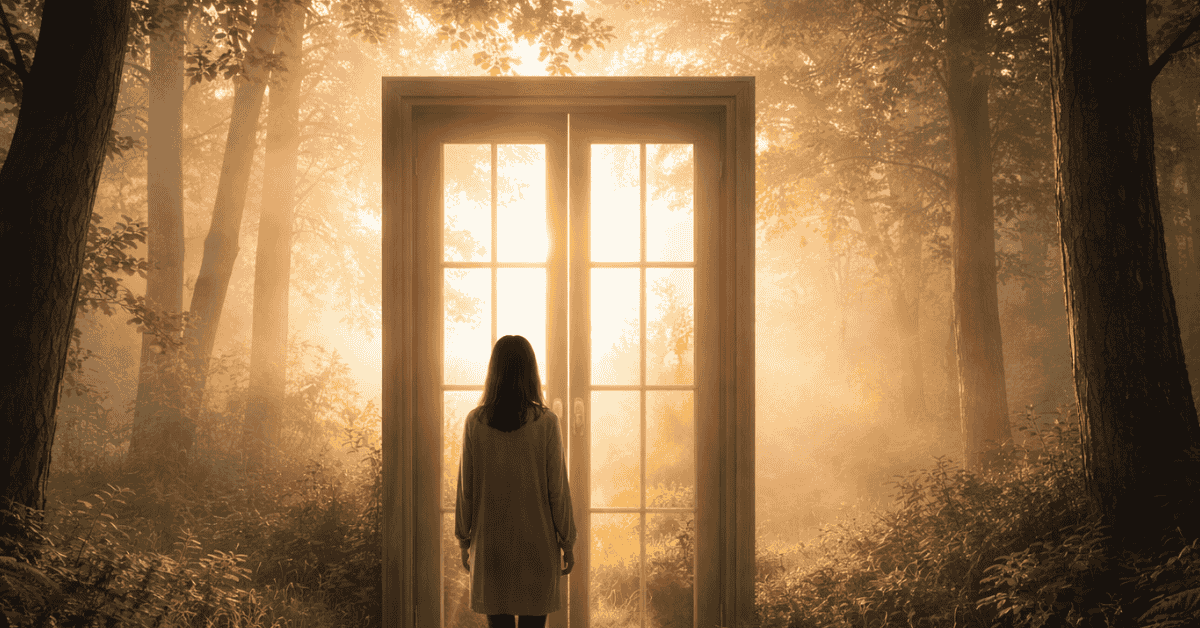 a figure standing in front of a closed door yet illuminated with a bright white golden light with woods behind it.