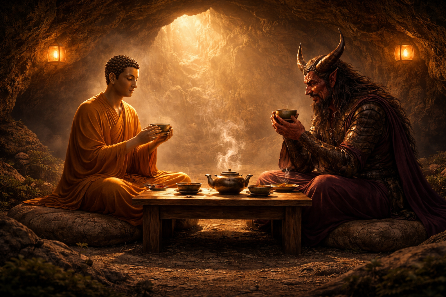 Buddha having tea with the demon Mara in a cave