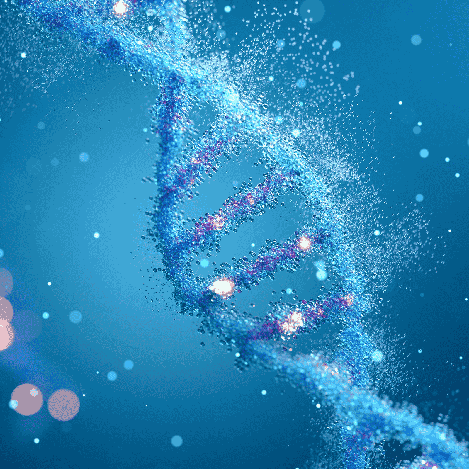 Double helix strand of DNA with a blue background with light orbs floating around