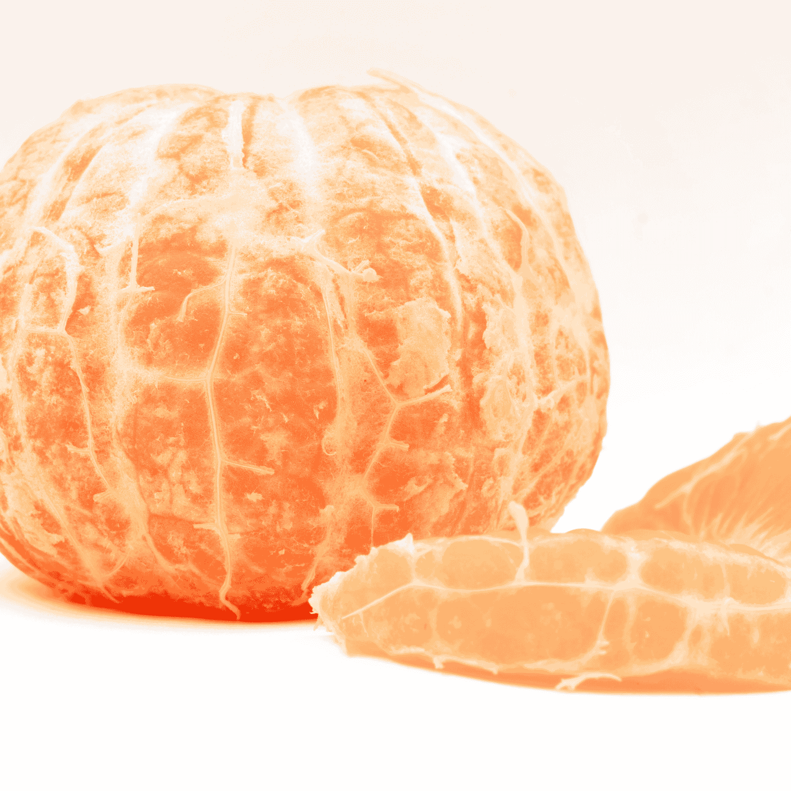 A peeled clementine showing the whole fruit and two slices net to it