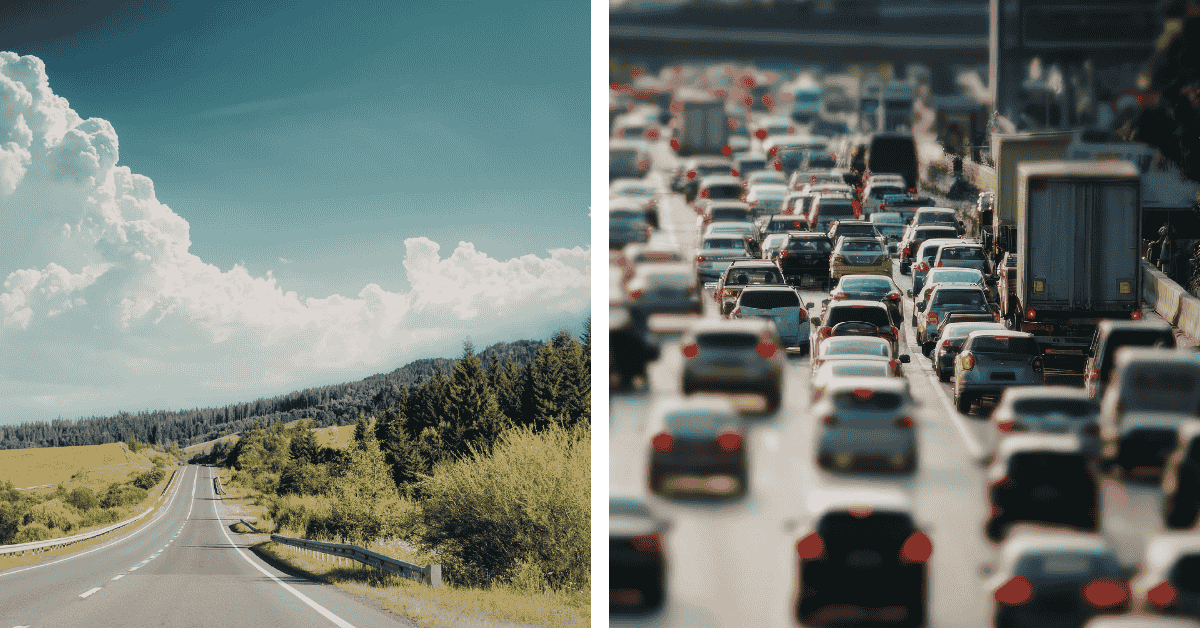 Side by side image. On the left an open road with blue sky and grass and trees. On the Right, bumper to bumper traffic