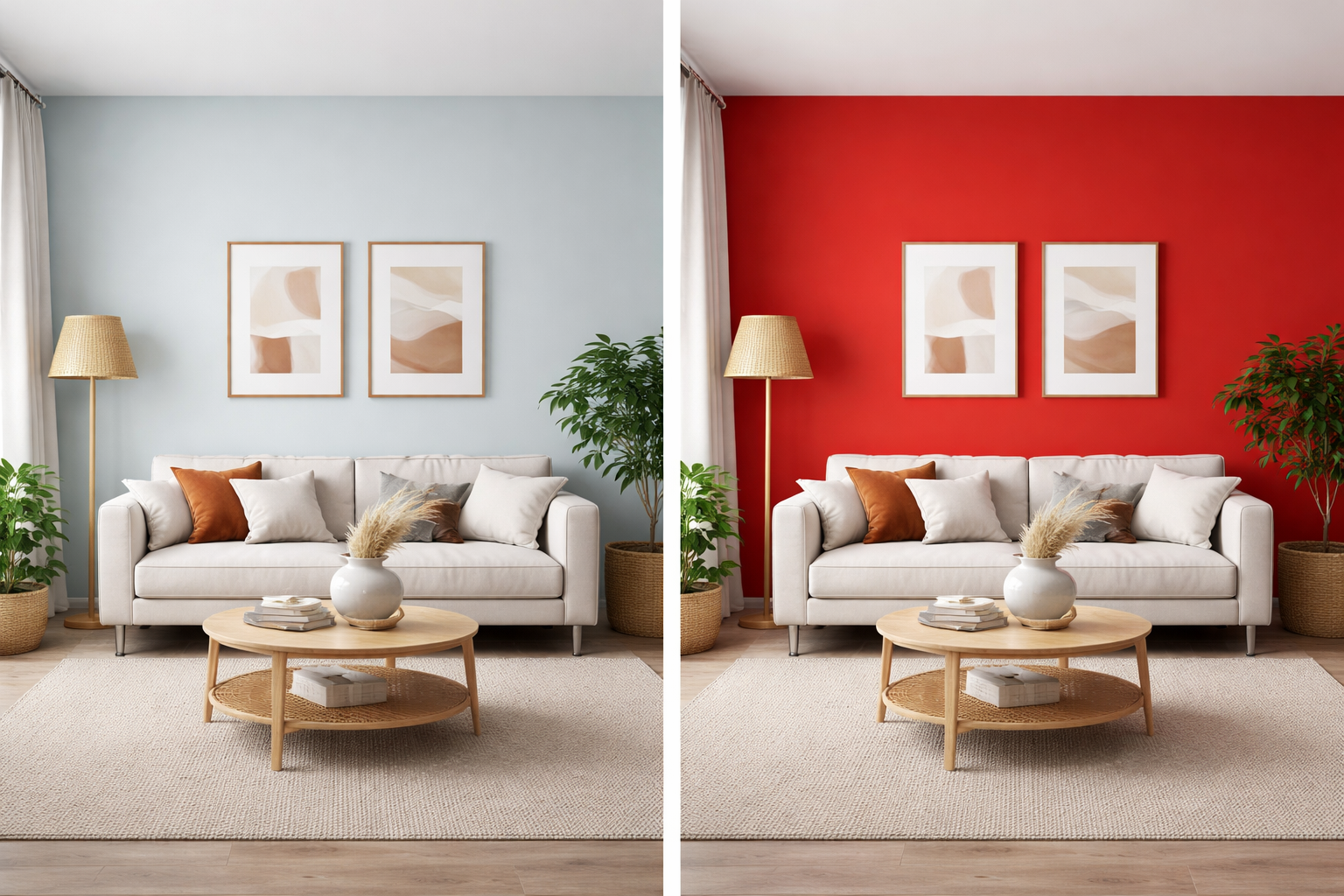 An image showing a living room twice only with different wall colors, one pale blue and one fire engine red. 