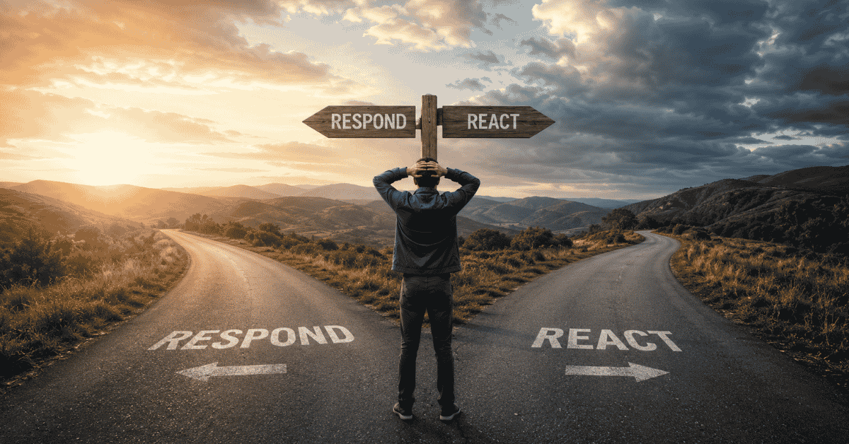Someone standing at a fork in the road with their hands on their head in a confused manner. The two paths say respond and react signifying the difficulty of choosing to respond vs react