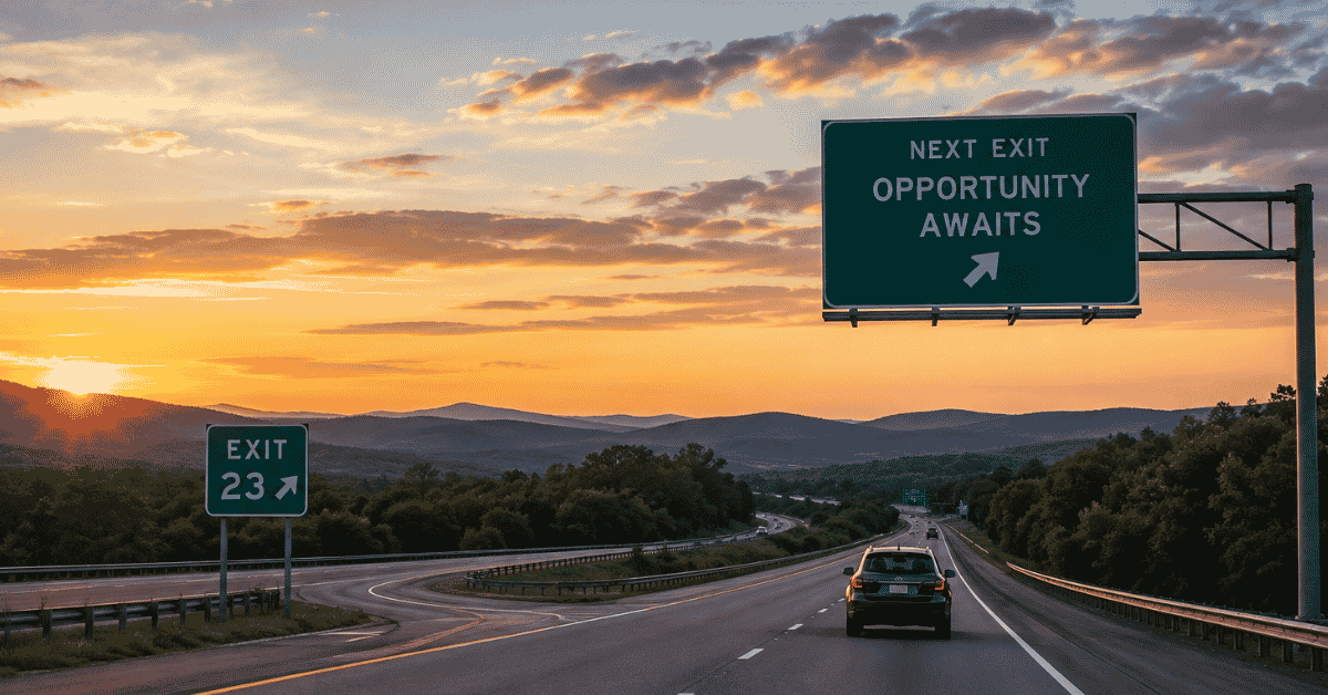 A car on a highway at sunset just having missed an exit, with the exit sign saying opportunity awaits