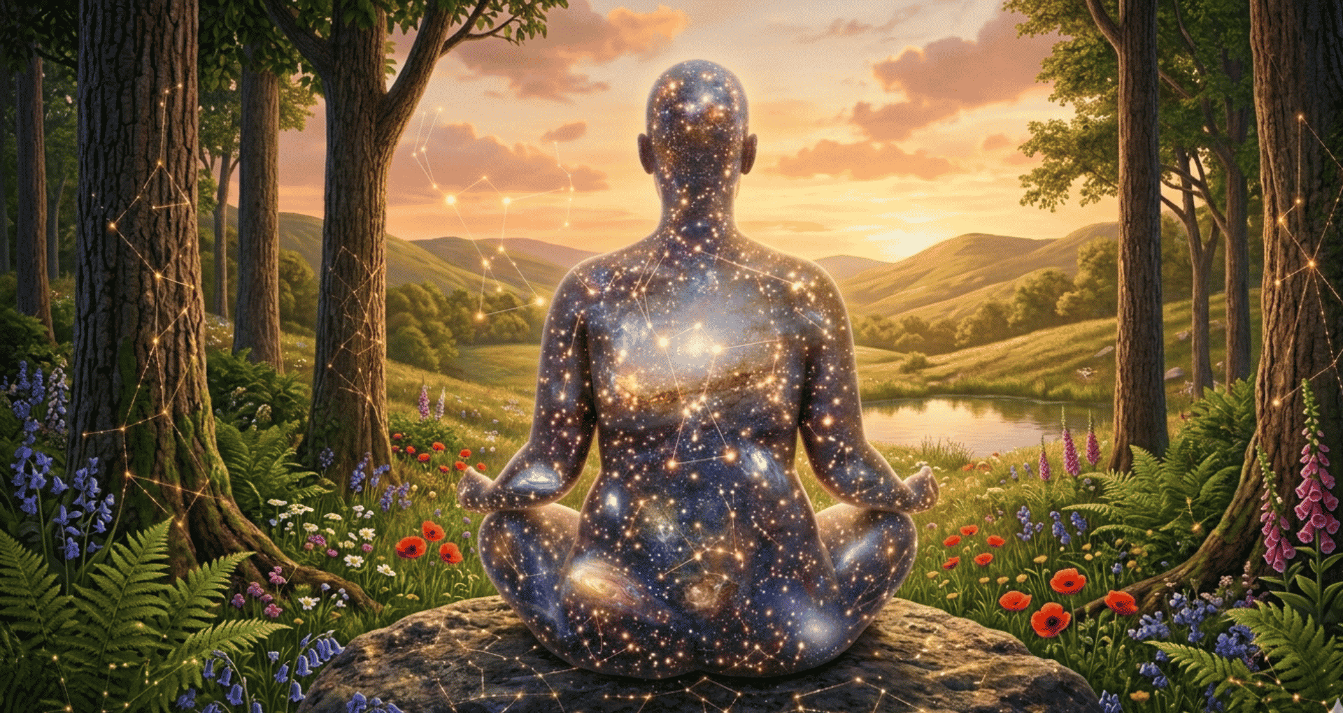 A genderless person meditating in nature and the body is filled with stars and constellations.