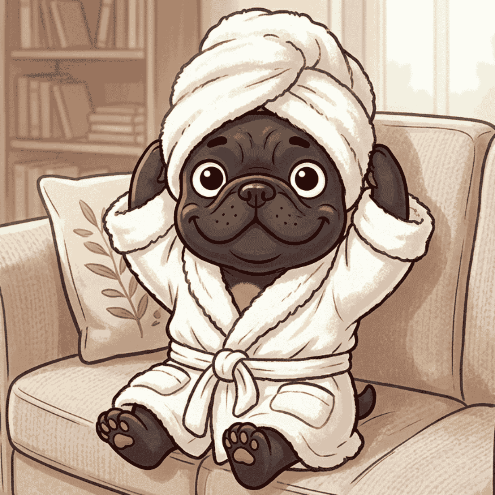 a frenchie with a robe on and towel wrapped around its head and ears with his paws behind its head looking very happy sitting on the sofa