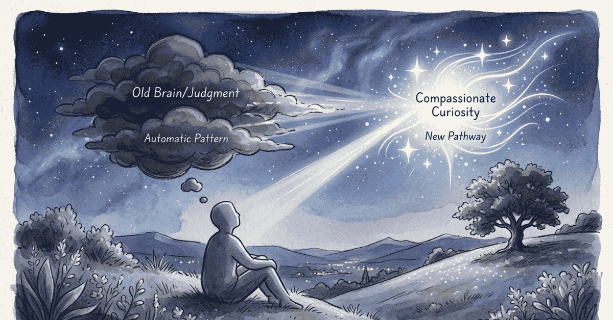 A serene, stylized illustration (perhaps soft watercolor or charcoal) of a person sitting peacefully, looking up at a clear night sky. Above their head, two thoughts are visualized: one is a dark, heavy cloud labeled "Old Brain/Judgment," which is dissolving as it is pierced by light from a bright star cluster labeled "Compassionate Curiosity." This illustrates the instant internal shift you described.