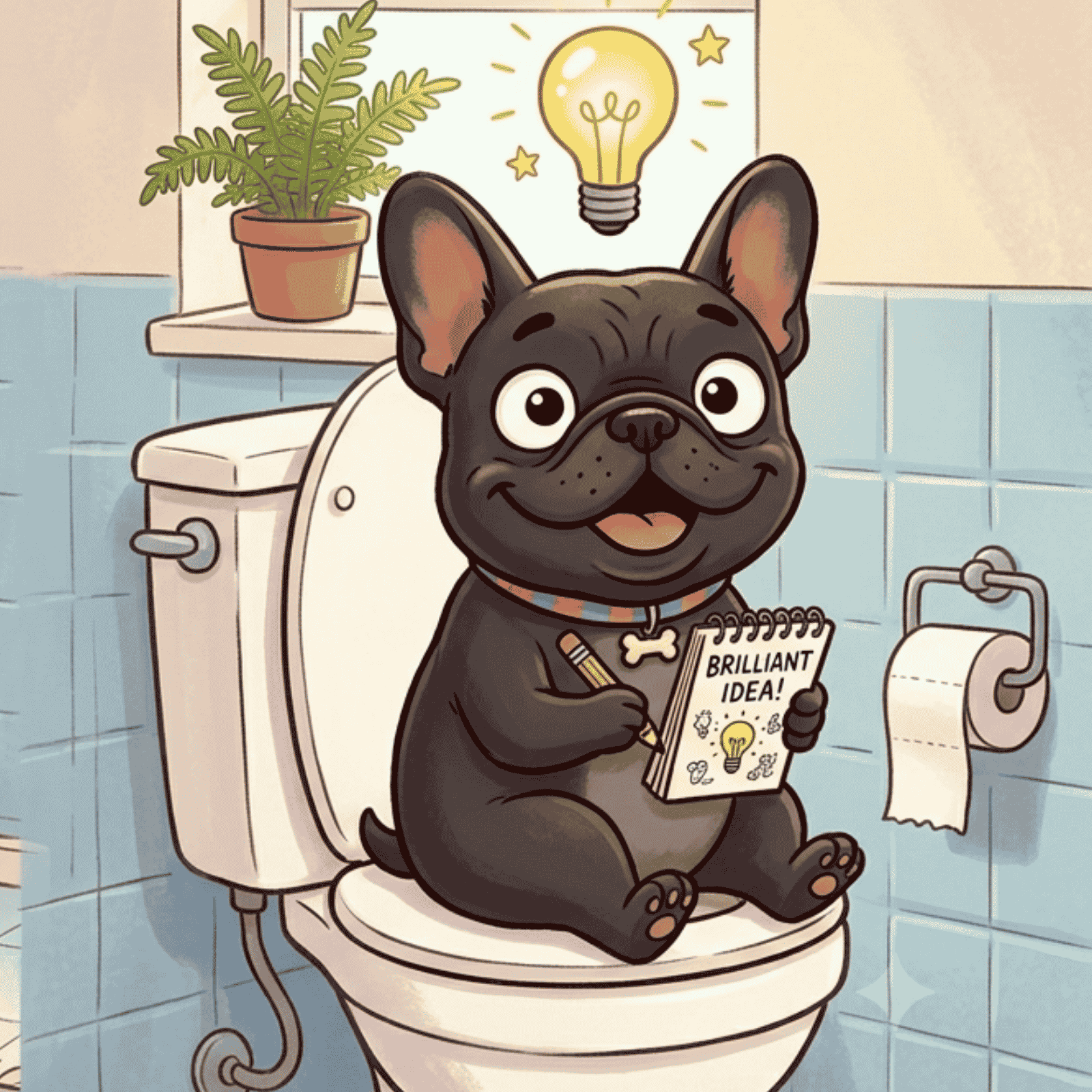 A cartoon frenchie on a human toilet with a lightbulb above its head and a look of amazement with a notepad that says brilliatn idea