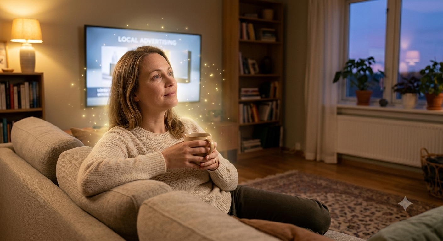 A warm, inviting living room scene cast in soft evening light. A person is sitting comfortably on a couch, holding a warm mug, looking slightly away from a TV screen that is dimly playing in the background (signaling a commercial break). Instead of looking bored, their face has a serene, soft expression of realization. Emerging gently from them is a glowing, subtle aura of starlight or light, symbolizing the sudden "drop in" and the profound realization taking place in a completely ordinary moment.