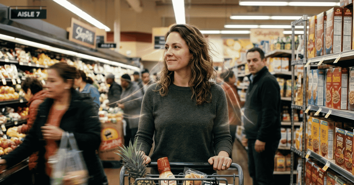 a woman smiling pushing a cart at the food store while surrounded by a lot of people to represent not absorbing others energy