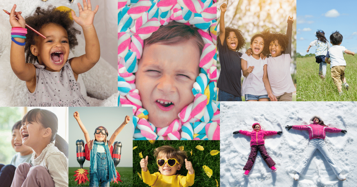 A collage of kids being joyful and embodying wonder and fun as a reminder to not take life too seriously and be in amazement of every moment. 