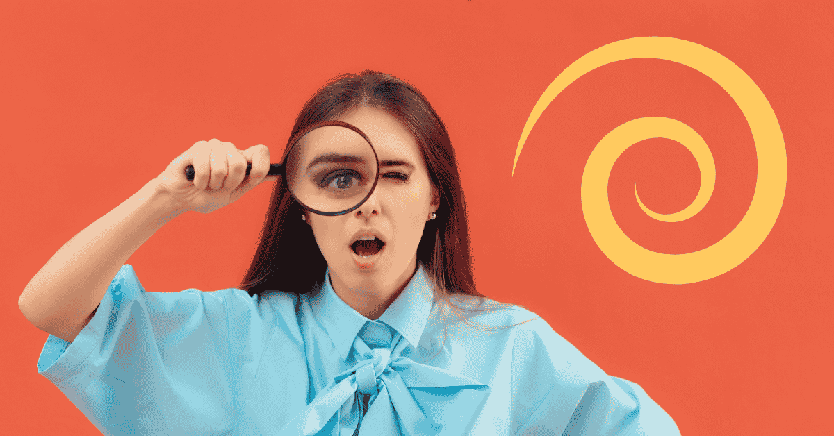 A woman with a magnifying glass to her eye with a spiral next to her representing the 540 degree perspective